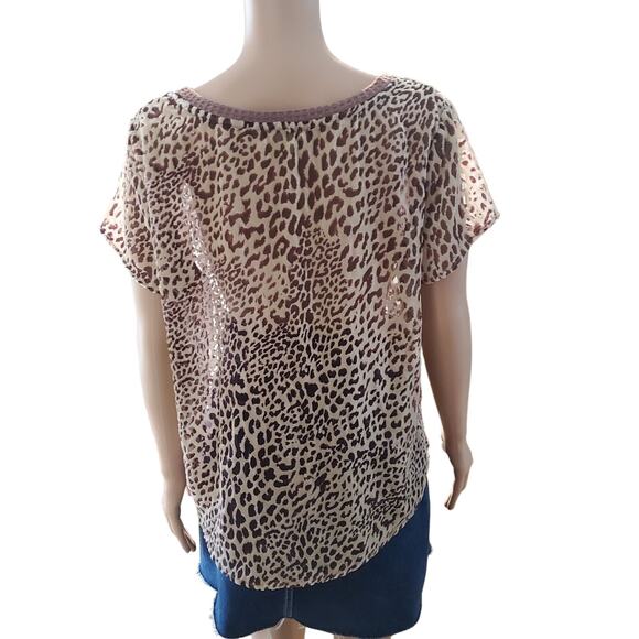 Kori America Size S Beige Velvet Burnout Leopard Print Top Semi Sheer Oversized - Picture 3 of 7